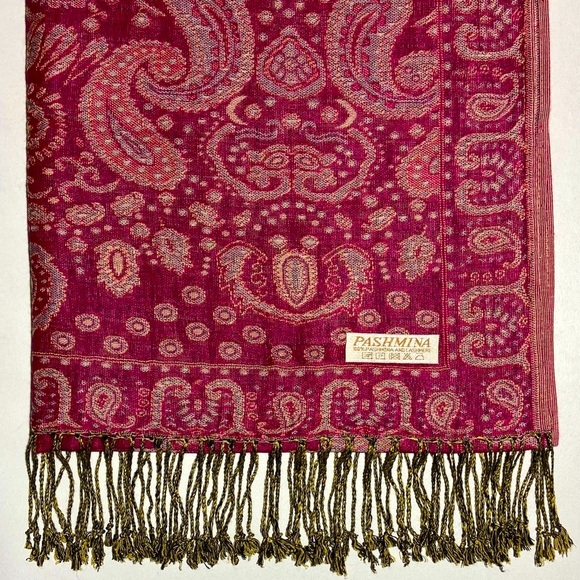 Cashmere Pashmina Rich Raspberry Pink Jacquard Scarf Wrap Light Green Tassels - Picture 3 of 14